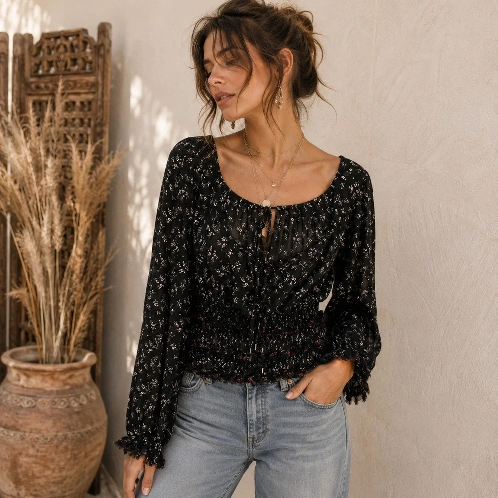 Free People Lolita Floral Blouse Top Womens‎ Size L Black Coquette Milkmaid Boho